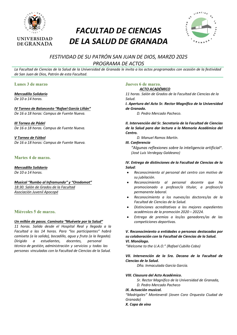 Programa de actos del patrón de la Facultad de Ciencias de la Salud de 2025 Programa de actos del patrón de la Facultad de Ciencias de la Salud de 2025