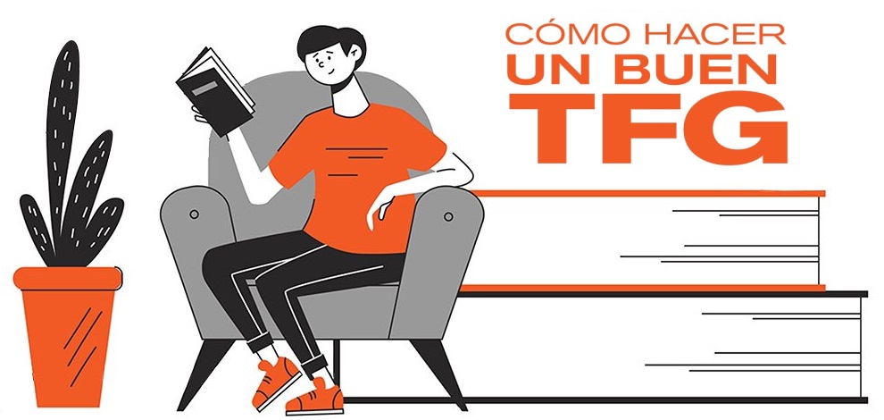 Una persona sentada en un sillón está leyendo un libro, a la derecha aparece escrito "Cómo hacer un buen TFG"