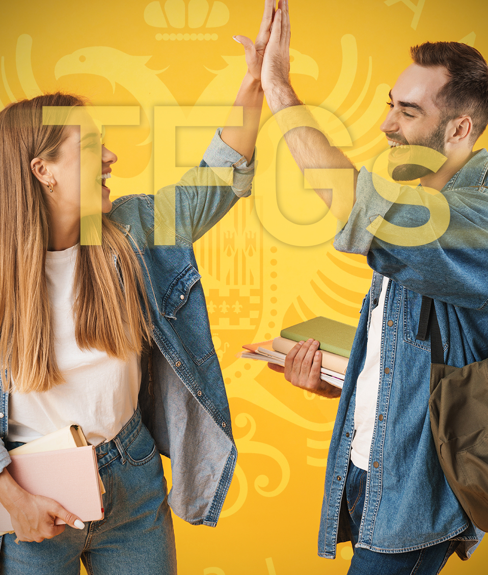 Portada de los TFGs de la Universidad de Granada con el logo de ésta de fondo y dos estudiantes chocando las manos
